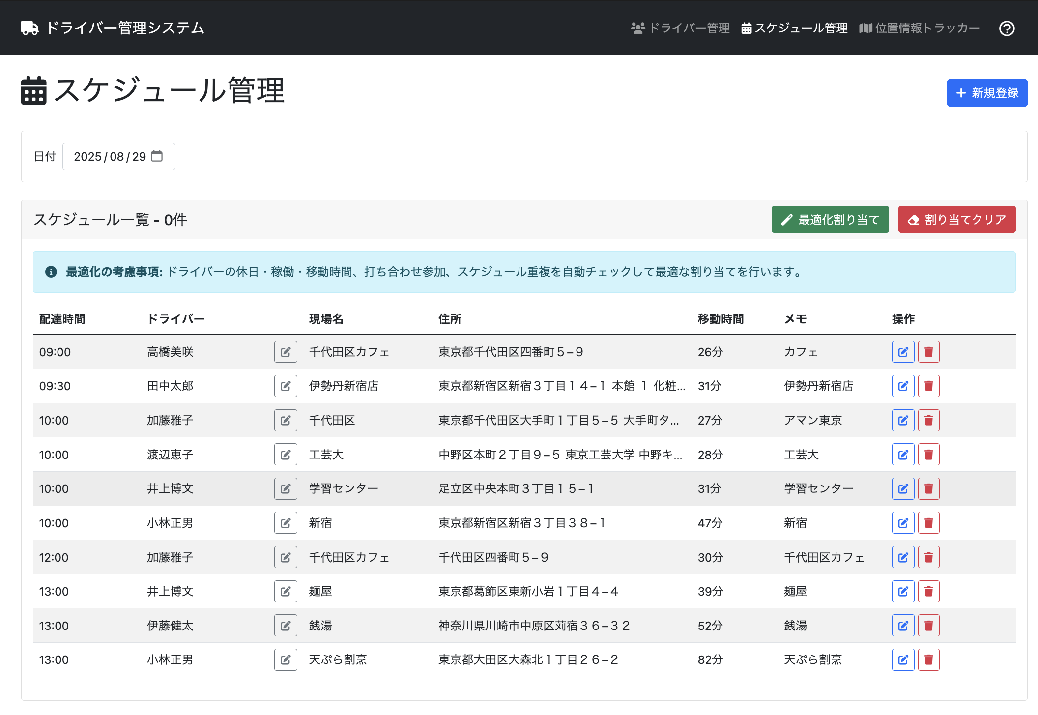 スケジュール管理画面